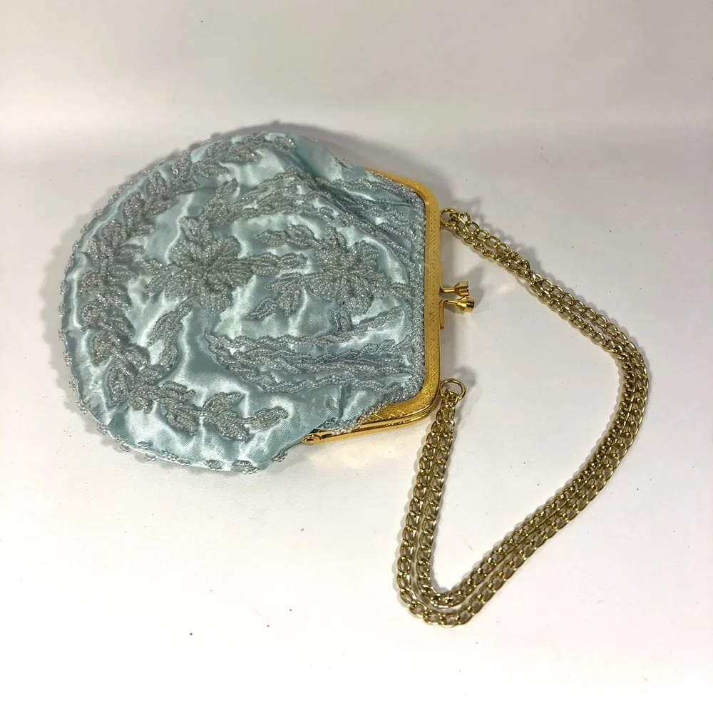 Vintage Satin Beaded Evening Bag with Gold Chain  - Baby Blue Made in Hong Kong - Picture 2 of 3